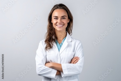 Smiling young woman, graduate student medical therapist or pediatrician, standing in a medical gown with a stethoscope on her shoulders on a white isolated background 