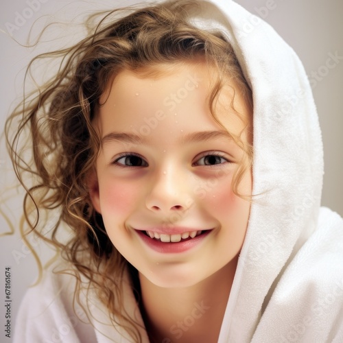 Cute little girl sits with wet hair in a towel after taking a bath . Personal hygiene products 