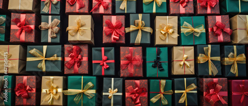 Gift boxes with ribbons and bows on a black background.