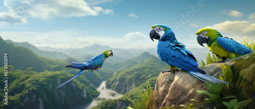 A hyper realistic blue parrot and a bright green parrot