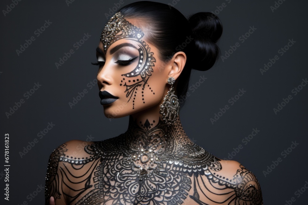 Beautiful model looking in profile with artistic bold makeup or Tatto in silver and black colors . New chic concept for an expensive magazine 