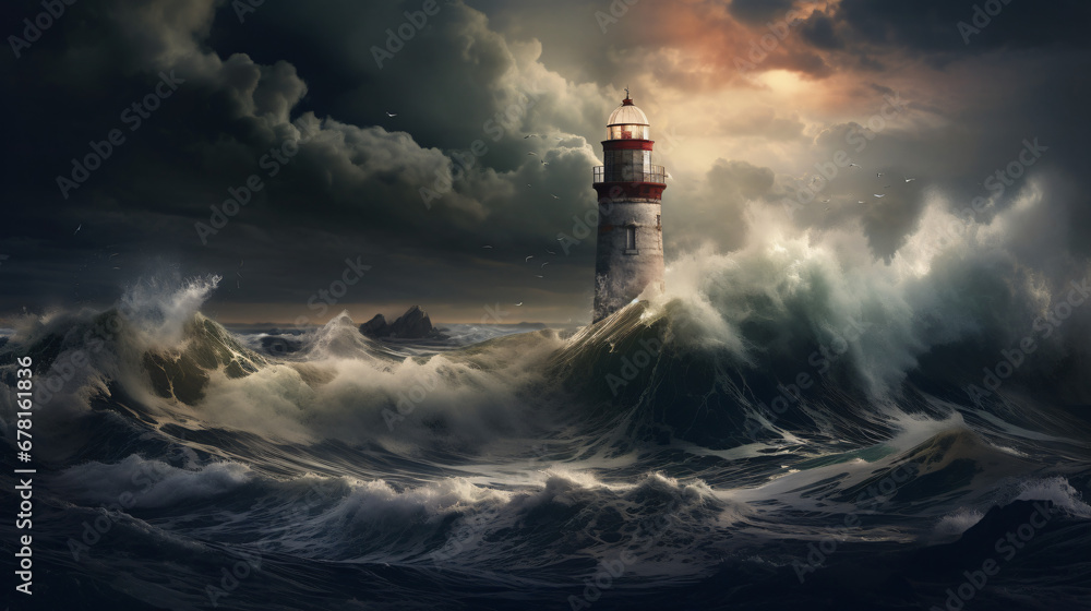 A lighthouse in the midst of a terrible storm - obrazy, fototapety, plakaty 