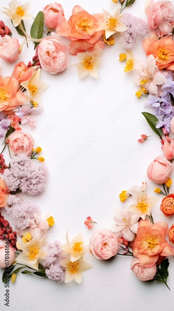 Flat lay of spring flowers on a white background with copyspace . Delicate frame 