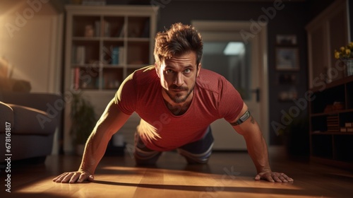 Athletic middle-aged man doing exercises and sports at home . fit and healthy man doing push-ups 