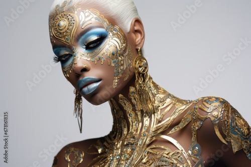 Portrait closeup Beauty fantasy african woman face in gold paint. Golden shiny skin. Fashion model girl goddess fasion posing. Short blonde haircut, jewellery . Professional metallic makeup.  photo
