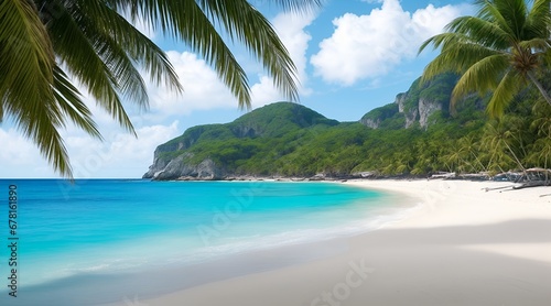 Beach with coconut trees and blue sea and sky with mountain cliff in the background. Outstanding travel scene with beautiful atmosphere.