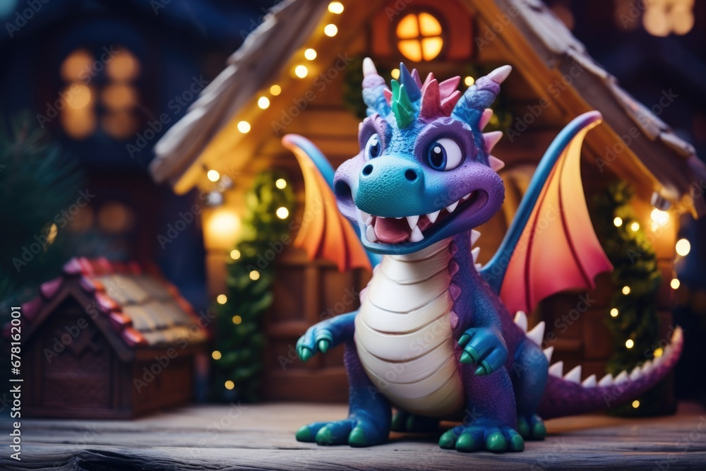 Naklejka premium Cute smiling dragon symbol of the future 2024 new year stands against a backdrop of festival lights . Year of the dragon according to the Chinese calendar 
