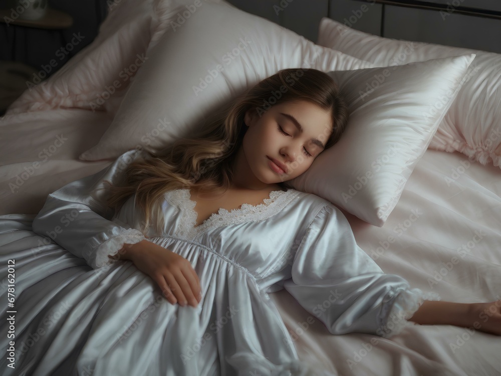 Capture the essence of tranquility with this captivating stock photo of a serene woman peacefully sleeping on a bed. Ideal for lifestyle, wellness, and relaxation concepts Capture the essence of tranquility with this captivating stock photo of a serene woman peacefully sleeping on a bed. Ideal for lifestyle, wellness, and relaxation concepts