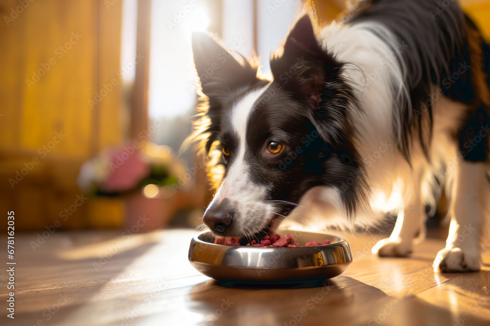 A border collie dog eating from a bowl of meaty food