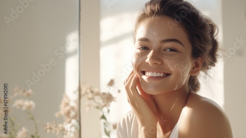 Delicate portrait of a young girl who is taking care of her skin standing in her bathtub against a background of chamomile . Natural ingredients in skin cosmetics . Beauty banner 