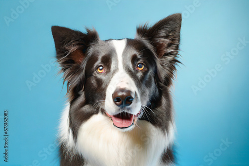 Portrait of a border collie dog on blue background. Copy space text