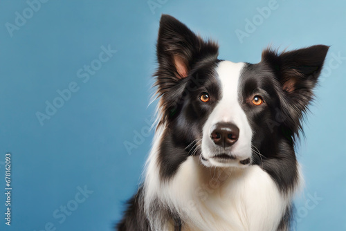 Portrait of a border collie dog on blue background. Copy space text © Rojo