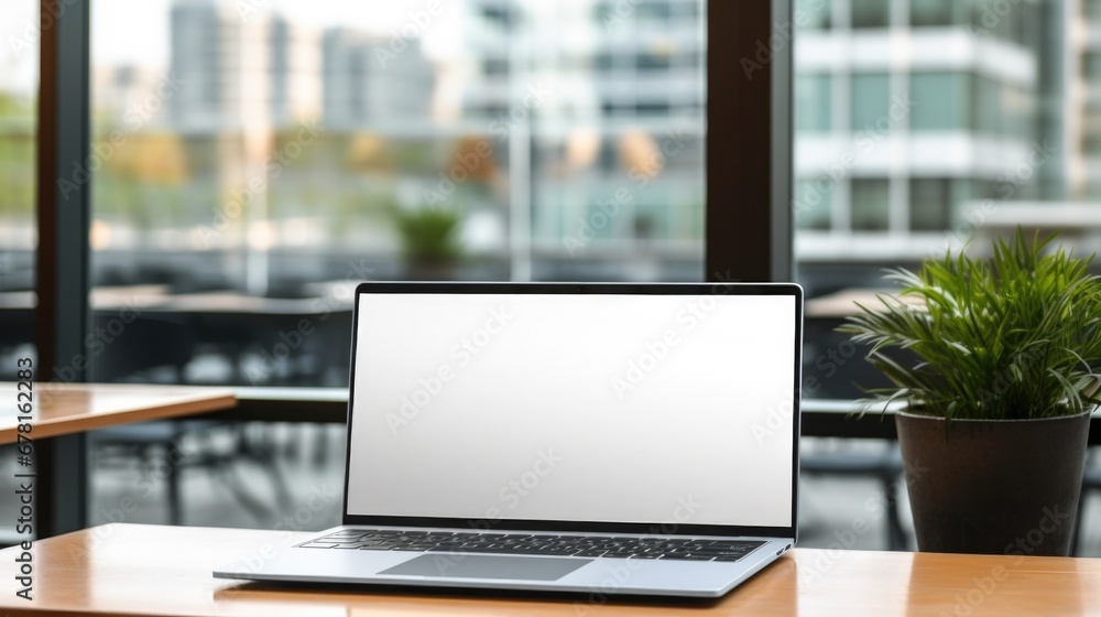 Image of modern working space with equipment and panoramic windows in office interior, open laptop computer with mock up screen and contemporary software for job standing on wooden table Image of modern working space with equipment and panoramic windows in office interior, open laptop computer with mock up screen and contemporary software for job standing on wooden table