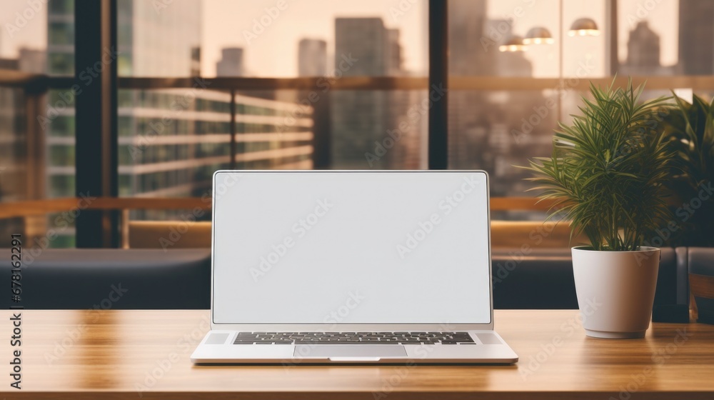 Close up of laptop on wooden desk notepad, pen, mock up screen, blurry background of skyscrapers business city 