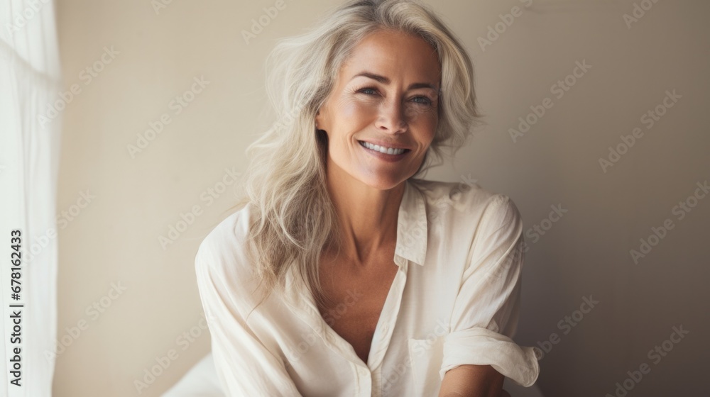 Attractive beautiful 50s mid aged mature woman isolated on white background. skin care beauty, skincare cosmetics concept