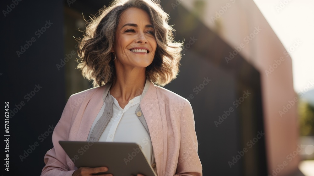 Cheerful beautiful mature woman wearing trendy and casual shirt looking aside, smiling, showing white teeth. Happy senior freelance business lady head shot video call portrait with laptop outside Cheerful beautiful mature woman wearing trendy and casual shirt looking aside, smiling, showing white teeth. Happy senior freelance business lady head shot video call portrait with laptop outside