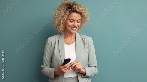 Photo of caucasian blond businesswoman with long curly hair smiling and holding smartphone. Office lady 
