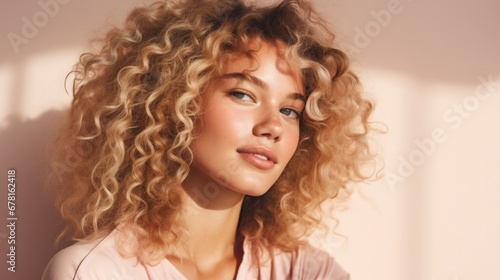 Young woman with curly hair smiling against an orange wall background with sunlight coming in from the side. Concept of joy and serenity.