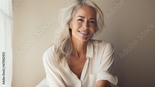 Obraz na płótnie Attractive beautiful 50s mid aged mature woman isolated on white background. skin care beauty, skincare cosmetics concept w salonie