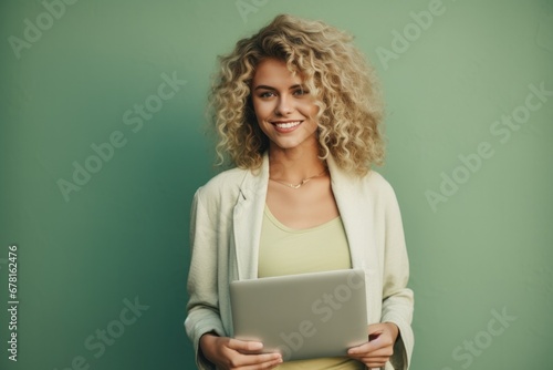 Young happy woman winner holding a laptop isolated on a green background. Excited euphoric female model using computer winning online celebrating new great job, holding her electronic device 