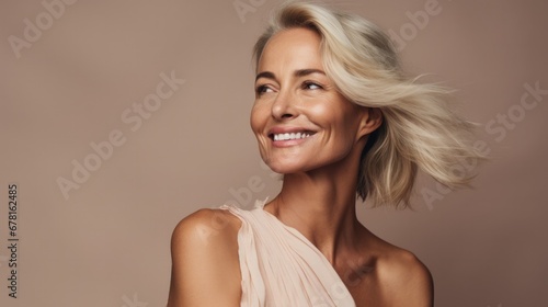 Fashion Woman in her sixties seventies, elderly elder older beautiful woman with gray hair is laughing and smiling, mature old woman with healthy face ans skin and white teeth photo