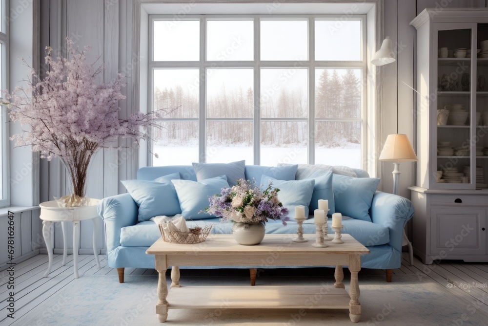 New interior design for an amazing living room in a shabby chic style, pastel blue and cream and white, stylish, mellow, minimal high resolution. Sofa, table, lamp , big windows, candles, bouquet .