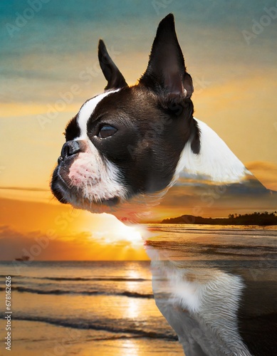 Boston terrier dog at Golden hour on beach double exposure