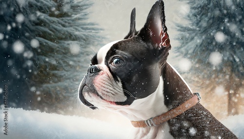 Boston terrier dog in winter snowfall evergreen trees lovely 