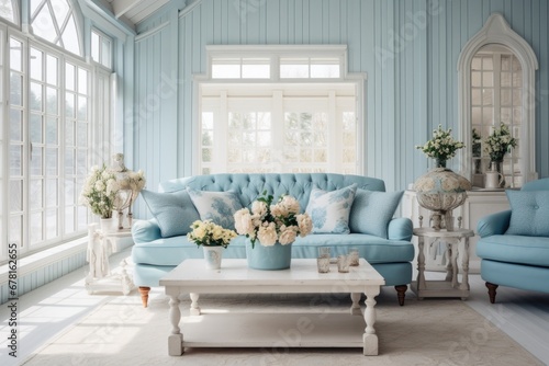 New blue living room in shabi chic style using pastel colors in the interior . White walls and soft tones with elements of white wedding colors , chic festive design 