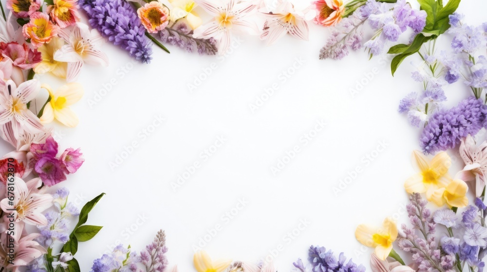 Autumn floral composition. Frame made of fresh flowers on white background. Autumn, fall concept. Flat lay, top view, copy space