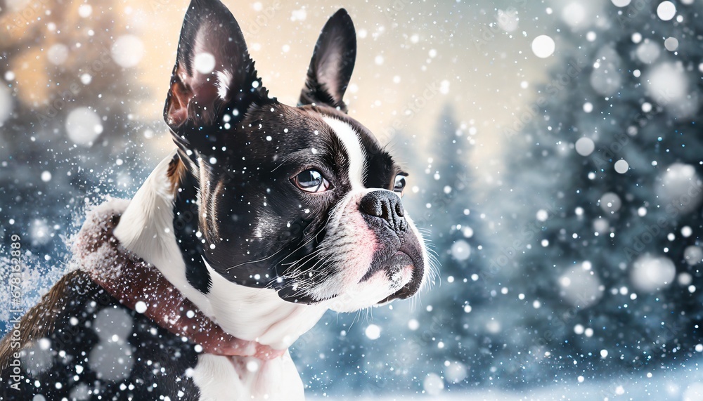 Boston terrier dog during Winter snow scene evergreen trees  snowflakes