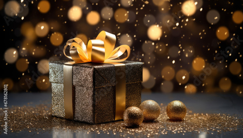 Christmas decoration with baubles and lights ,gift box's confetti explosion. Magic open surprise gift box package decoration. Golden opulence