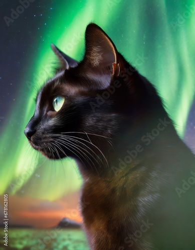 Black cat under Northern lights Aurora Borealis