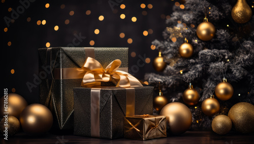 Christmas decoration with baubles and lights ,gift box's confetti explosion. Magic open surprise gift box package decoration. Golden opulence