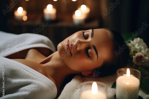woman relaxing in spa salon. Young lady wearing beauty treatment on face and body, side view