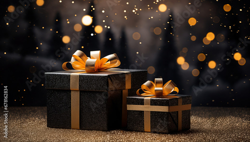 Christmas decoration with baubles and lights ,gift box's confetti explosion. Magic open surprise gift box package decoration. Golden opulence