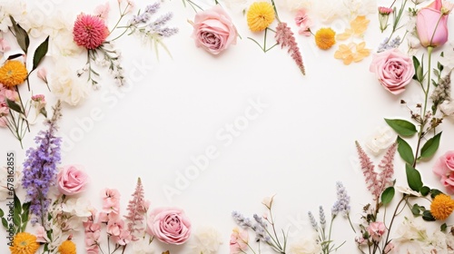 Spring Flowers composition  for Women’s day made of colorful flowers tulips, narcissus and green leaves on beige background. Easter, spring, summer concept. Flat lay, top view, copy space