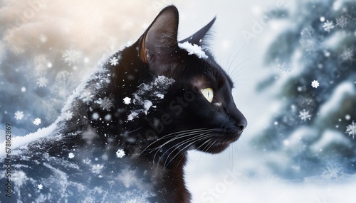 black cat in winter snow scene snowflakes on evergreen trees 