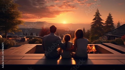 Silhouette of a family sitting in their country house with a terrace against a sunset background . Warm family concept 