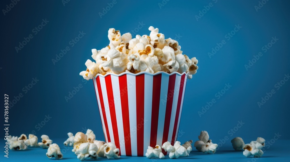 Popcorn in red and white striped cardboard bucket isolated on blue background
