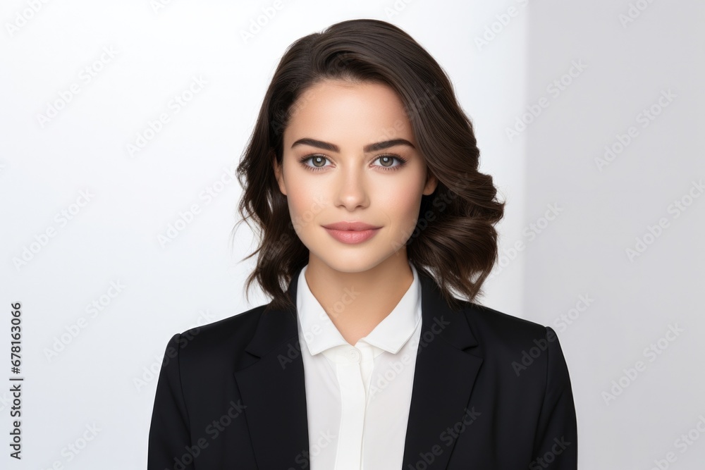 Close up portrait of confident europian girl,wearing white shirt and black jacket, student looking at camera with pleased smile, proudly , standing over white background. Close up portrait of confident europian girl,wearing white shirt and black jacket, student looking at camera with pleased smile, proudly , standing over white background.