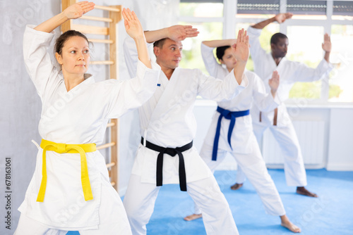 Group of multiethnic people in kimonos train karate techniques in studio
