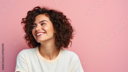 Close up studio shot of beautiful young mixed race woman model with curly dark hair looking aside with charming cute smile while posing against pink blank copy space wall for your content photo