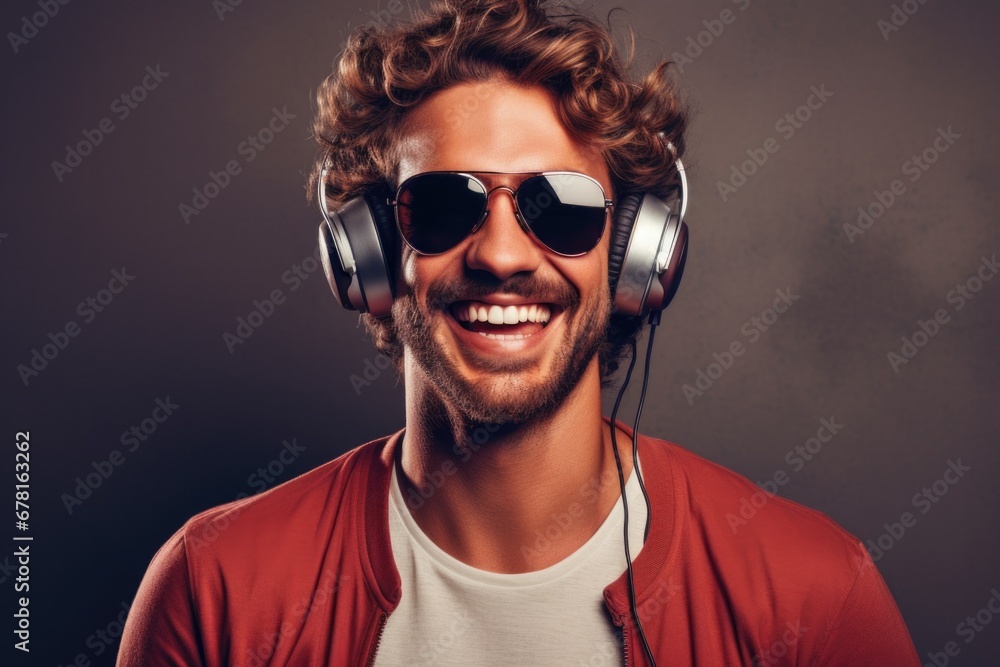 Happy attractive tanned handsome man in casual basic t-shirt and red jaket headphones listen cool sound show posing isolated on grey studio background. Copy space Banner Mockup. Music concept Happy attractive tanned handsome man in casual basic t-shirt and red jaket headphones listen cool sound show posing isolated on grey studio background. Copy space Banner Mockup. Music concept