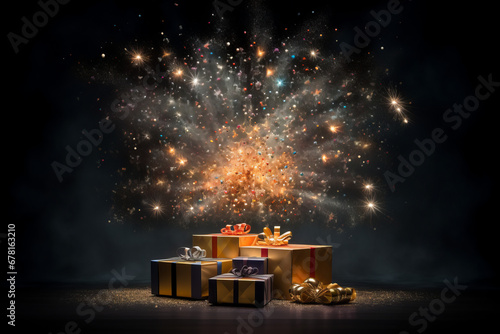 Gift box confetti explosion. Magic open surprise gift box package decoration. Golden gift boxes with golden ribbon bow tag and golden confetti on isolated black background with blank space. New year