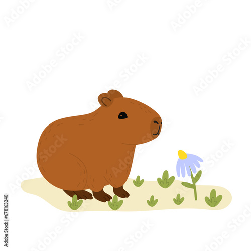 Capybara funny character in flat design. Cute capybara with flowers vector illustration