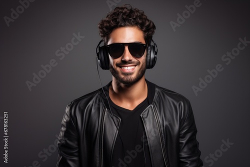 Close up fun happy smiling brunet attractive young man 25s wearing grey t-shirt headphones listening to music indoors on grey wall backround Good mood people lifestyle leisure positive hobby concept.