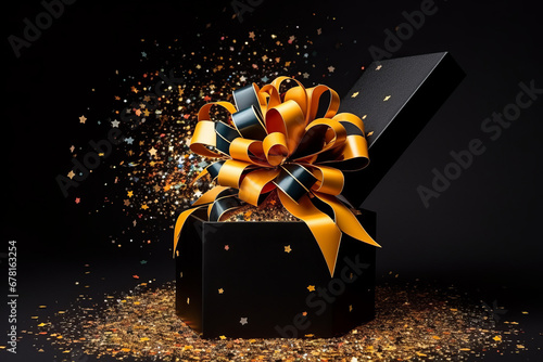 Gift box confetti explosion. Magic open surprise gift box package decoration. Golden gift boxes with golden ribbon bow tag and golden confetti on isolated black background with blank space. New year