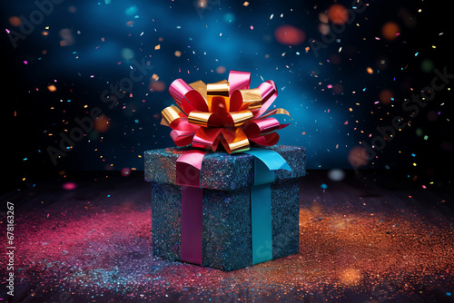 Gift box confetti explosion. Magic open surprise gift box package decoration. Golden gift boxes with golden ribbon bow tag and golden confetti on isolated black background with blank space. New year