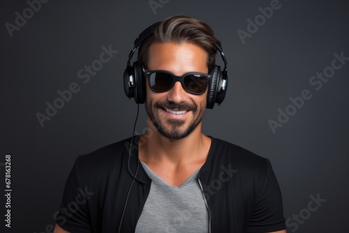 Cheerful exultant happy young bearded Indian man 30s years old wears blue shirt listen music in headphones dance have fun gesticulating hands relax isolated on plain dark background studio portrait